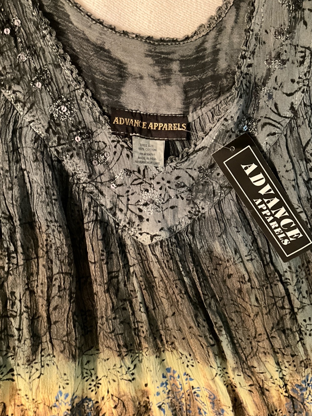 NWT ADVANCE APPARELS Gauze Gray Tank Top with Yellow and Brown Tie-Dye Band - Picture 5 of 5